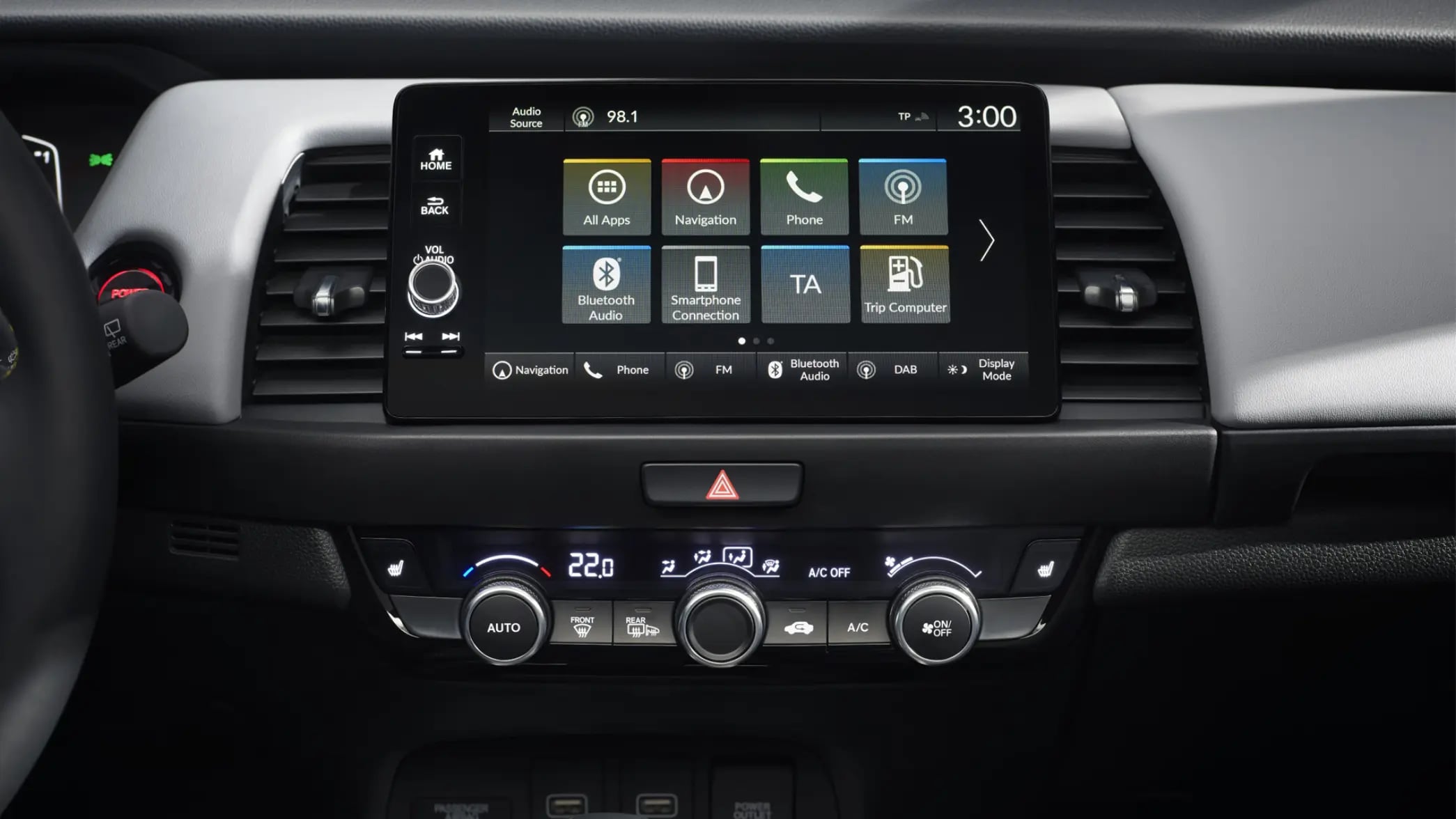 Detailný pohľad na obrazovku informačno-zábavného systému v modeli Honda Jazz Hybrid.